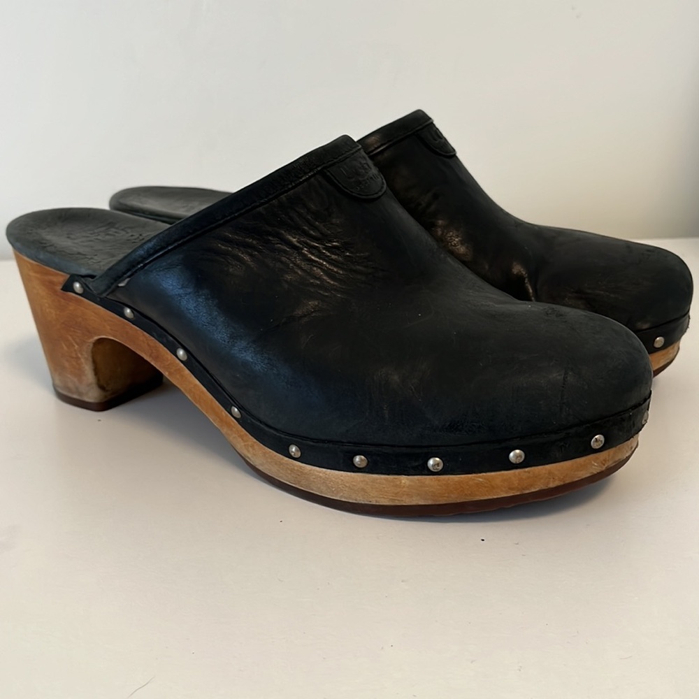UGG black leather studded wood clogs size 10 - Picture 2 of 11